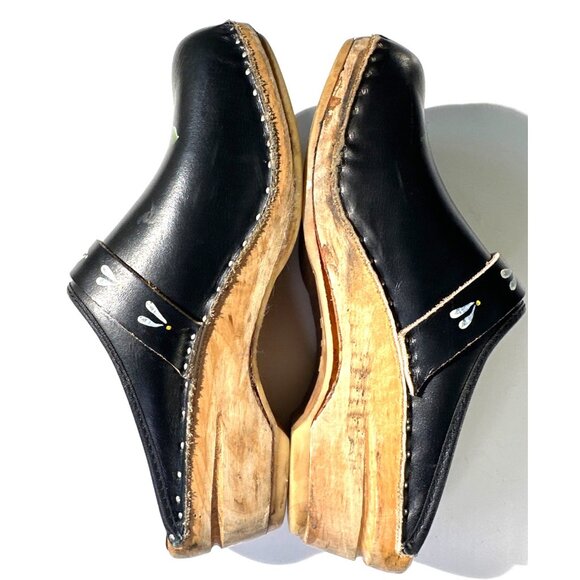 Handmade Swedish Black Leather Clogs With Hand-Painted Flowers Wood Sole Size 37 - Picture 7 of 16
